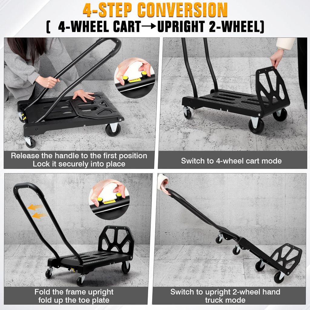 Folding Hand Truck with 4-Wheel Mode, 2 in 1 Collapsible Push Cart & Fold-Up Toe Plate – 300lbs Heavy Duty Dolly Pull Cart with Wheels Portable Hand Truck for delivery, Warehouse & Moving