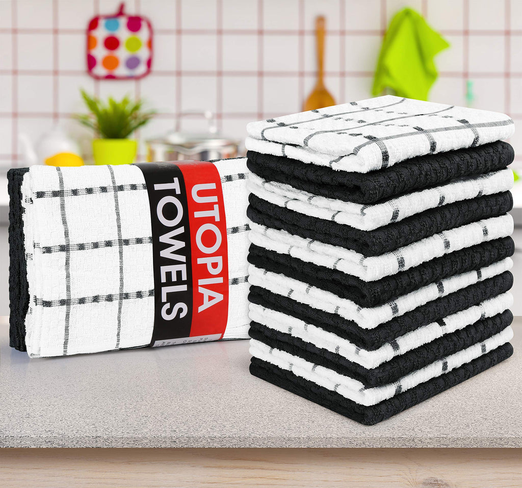 Kitchen Towels 12 Pack 15x25 Inch 100% Cotton Popcorn Terry, Black