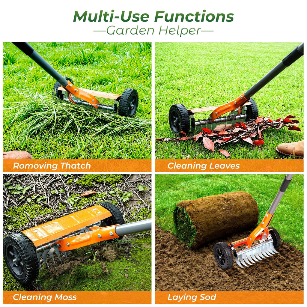 Walensee Manual Lawn Dethatcher Rake with Wheels, Adjustable Handle
