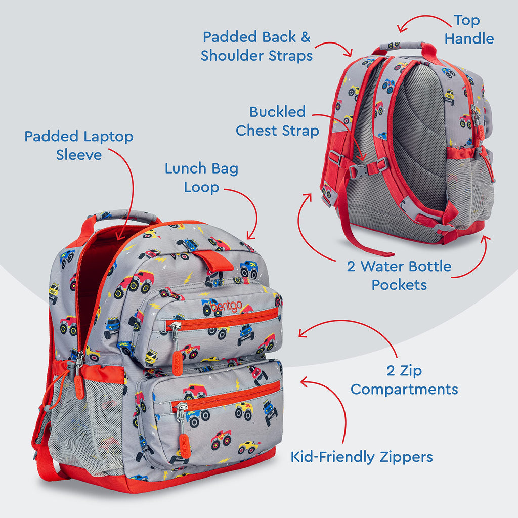 Bentgo Kids Backpack - Lightweight 14” Backpack in Fun Prints for School, Travel, & Daycare, Ideal for Ages 4+, Roomy Interior, Durable & Water-Resistant Fabric, & Loop for Lunch Bag (Trucks)