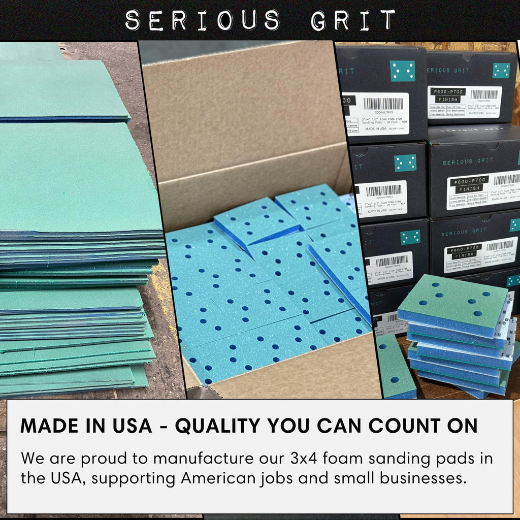 Serious Grit - 3" x 4" Foam Sanding Pads - P450-600 Finish Grit - 10mm Medium Density Foam - Hook & Loop Backing - Fits SurfPrep, Uneeda Ekasand & Mirka 3x4 Sanders – Made in USA – 10 Pack