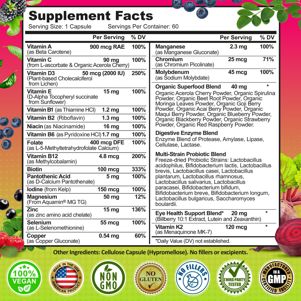 Women's Daily Multivitamin 50 Plus - Vegan Methylated Multivitamin for Women 50 and Over with Biotin, Organic Superfoods & Lutein - Eye, Energy, Gut & Optimal Health Support - Easy to Swallow Capsules