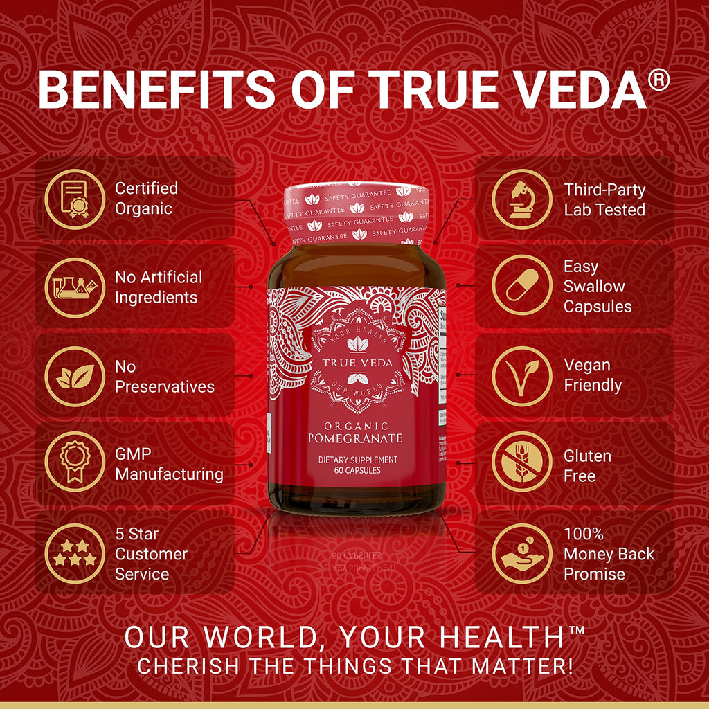 Organic Pomegranate Extract Supplement | USDA Certified Pomegranate Powder from Fruit | Natural Ellagic Acid & Punicalagins | 60 Vegan Capsules