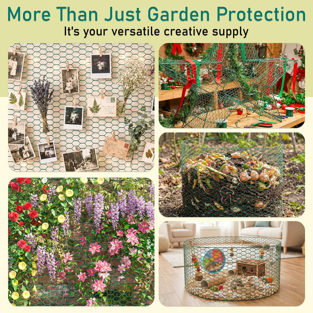 EcoBrisa 13.8x118" Plant Protectors from Animals, 2Roll Metal Mesh Plant Cages for Outdoor Plants Chicken Wire Cloche Wire Mesh for Garden Fence Kit with Ground Stakes & Nylon Tie,Gloves,Plier (Green)