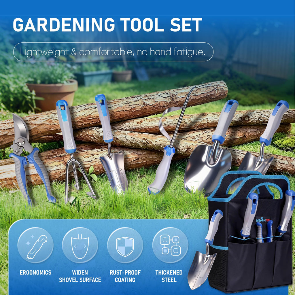 8-Piece Gardening Tools Set, Rust-Proof Stainless Steel Garden Tool with Ergonomic Handles, Ideal Gardening Gifts Set for Women Men, Includes Storage Bag, Gloves, Pruner, and Weeder