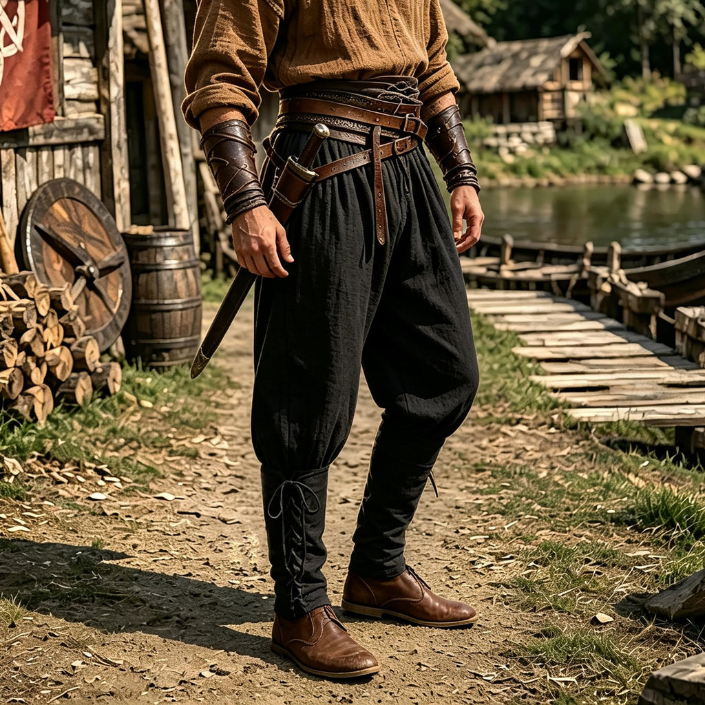 Men's Medieval Renaissance Pirate Pants Viking Ren Faire Costume(L,Black)
