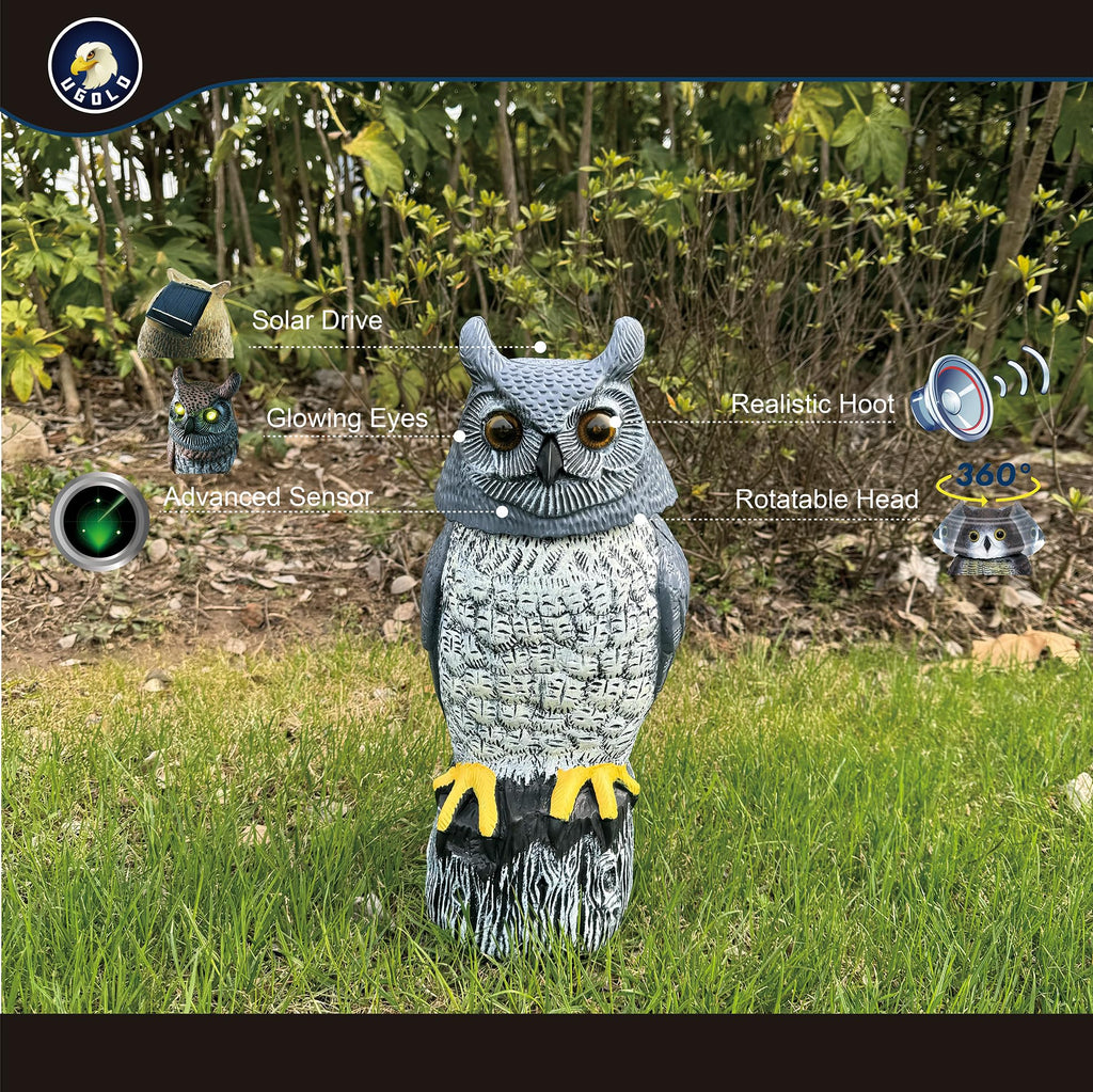 Ugold Solar Powered Garden Owl with Motion Detection, Rotating Head, Realistic Hoots and Silent Mode, Outdoor Statue and Sculpture, Owl Decoration for Home, Garden, Patio and Lawn