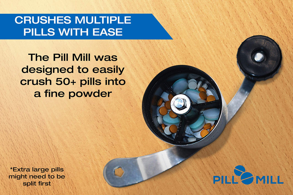 Pill Mill Pill Crusher - Crushes Multiple Tablets to a Fine Powder - Metal Medicine Grinder - Tablet Pulverizer Perfect for Travel - Great for Feeding Tube use, Pets or easier Medicine intake for Kids