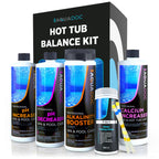 AquaDoc Hot Tub Water Balance Kit with pH Increaser, pH Decreaser, Alkalinity & Calcium Increaser, 100 Test Strips - Hot Tub Chemicals Starter Kit Compatible with Chlorine & Bromine - Made in USA