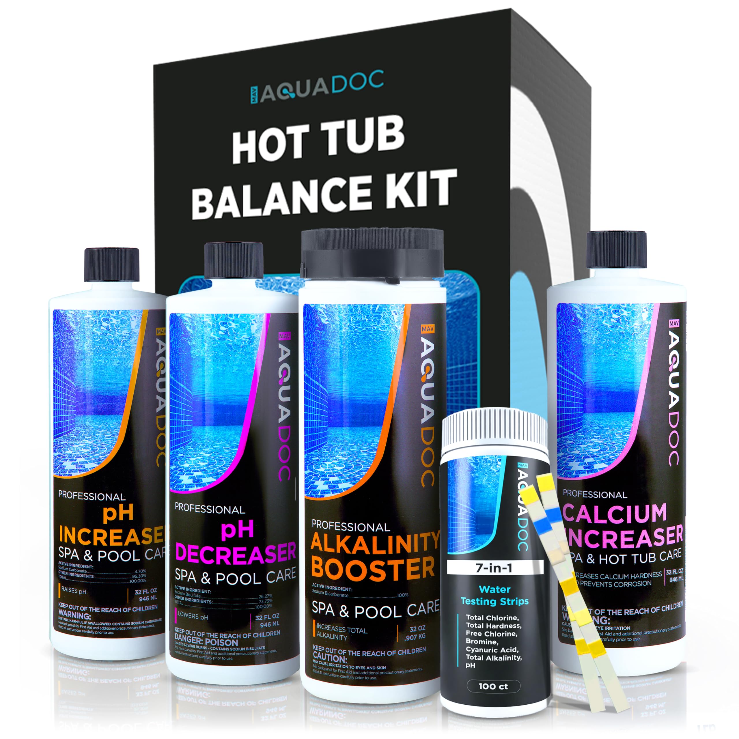 AquaDoc Hot Tub Water Balance Kit with pH Increaser, pH Decreaser, Alkalinity & Calcium Increaser, 100 Test Strips - Hot Tub Chemicals Starter Kit Compatible with Chlorine & Bromine - Made in USA