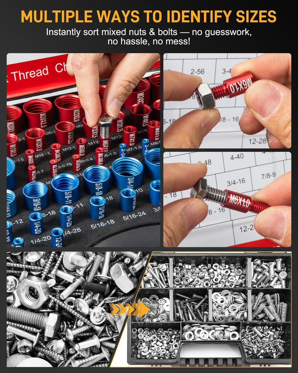 66-Piece Nut and Bolt Thread Checker Kit | 34 SAE (Blue) + 32 Metric (Red) Thread Gauges - Precision Bolt Size Finder for Tight Spaces, DIY & Professional Repairs