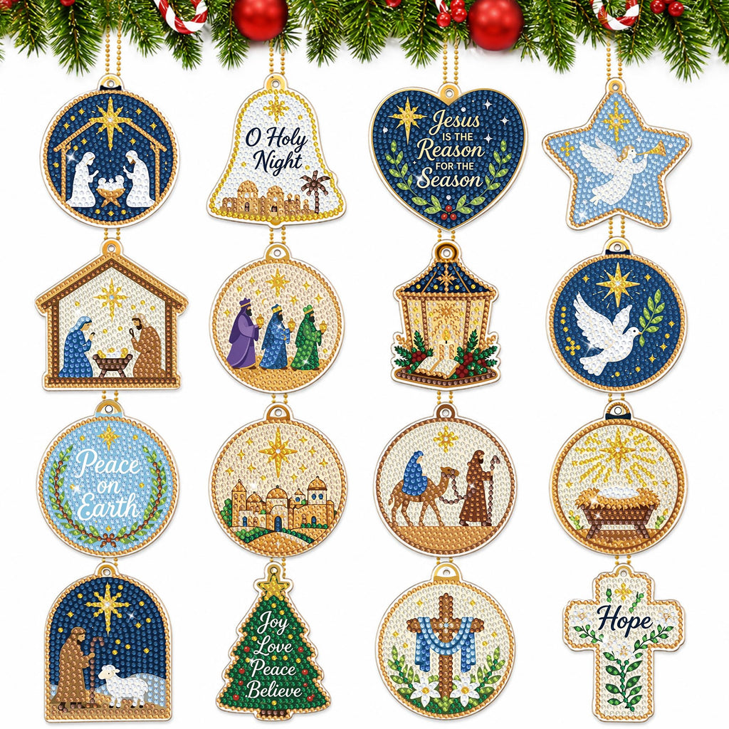 JOPHMO 16 Pcs Christmas Diamond Art Ornaments Kit - Nativity Scene