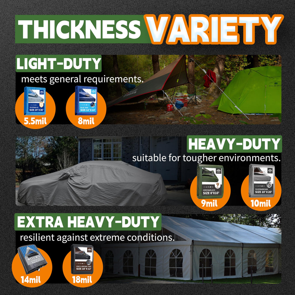 RAINDEWAY 15x15 Feet Tarp Waterproof,Durable,9Mil Thick Finished Size,Multipurpose Poly Tarp Cover with Metal Grommets and Reinforced Edges,Green/Black Tarps