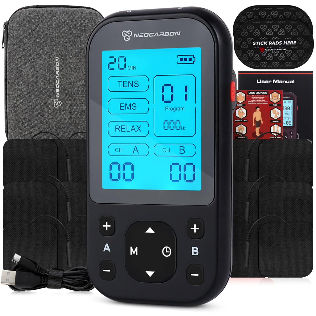 NEOCARBON TENS Unit Muscle Stimulator Pro for Back Pain Relief, Shoulder Recovery and Physical Therapy, Electronic EMS Massager Machine with PMS Pulse for Effective Shock Therapy, Black