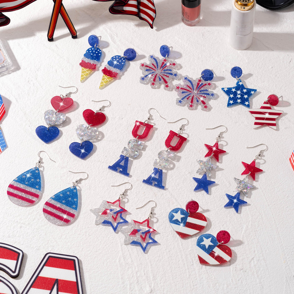 Y1tvei Independence Day Glitter Earrings for Women- 9 Pairs 4th of July American Flag Earrings Star Red Blue Dangle Drop Acrylic Accessories USA Flag Jewelry Gifts for Patriotic Memorial Veterans Day