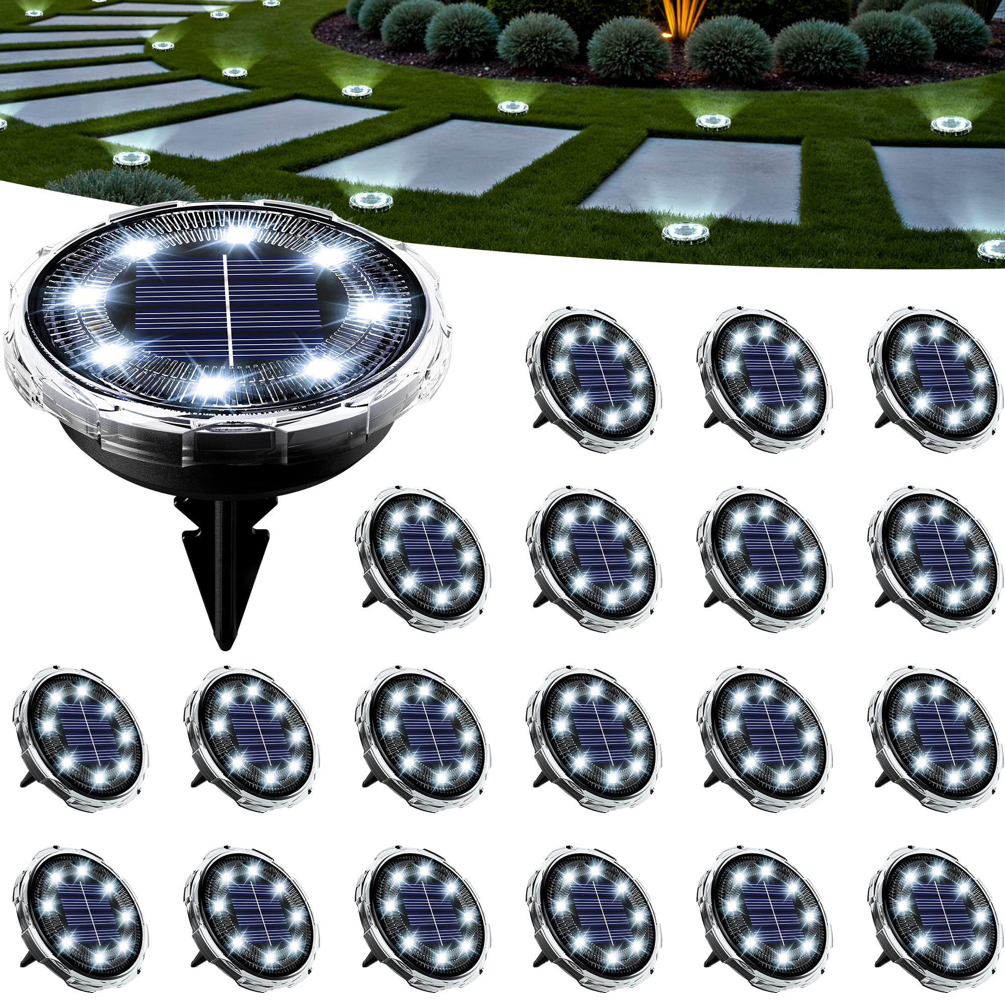 SOLPEX Solar Ground Lights 20 Pack, Solar Pathway Lights Outdoor Waterproof, Landscape Lighting for Garden, Walkway, Driveway, Yard, Deck, Patio, Swimming Pool (Cool White)