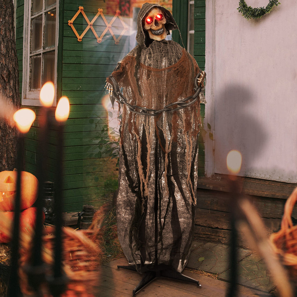 JOYIN Halloween Decorations Outdoor Life Size Animatronics Grim Reaper with Chain, Sound-Actived Party Decor with Creepy Sound, Scary Haunted House Props for Garden Yard Lawn
