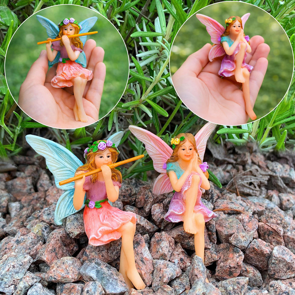 Mood Lab Fairy Garden Figurines - Sitting Fairies Set (2 pcs) - Miniature Decorative Statues - Outdoor Indoor Garden Decor