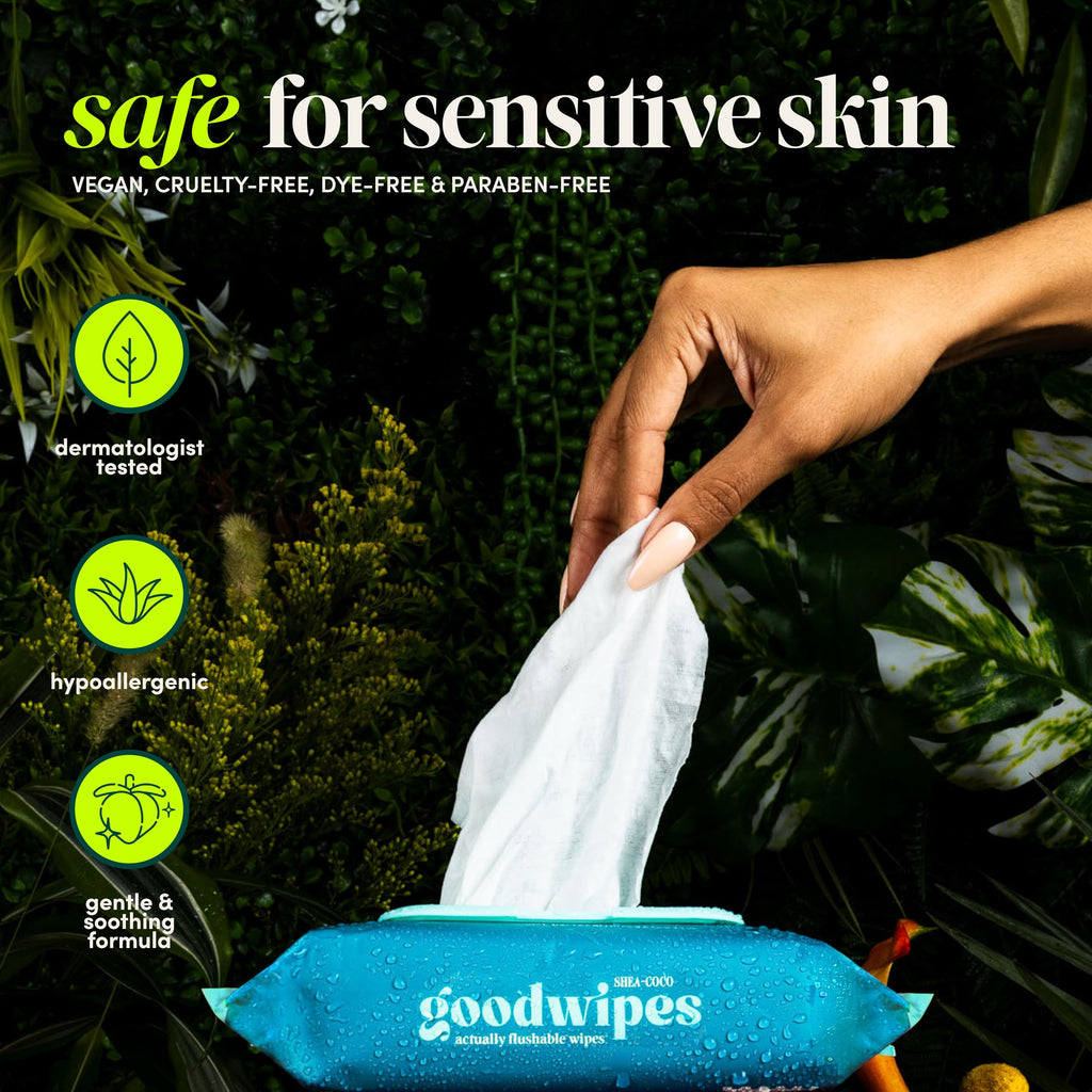 goodwipes Flushable Butt Wipes - Vitamin E & Aloe - Sewer & Septic Safe - Extra Large Adult Wet Wipes For Women & Men - Bathroom Essentials - Rosewater, 318 Count (6 Packs + 1 Travel)