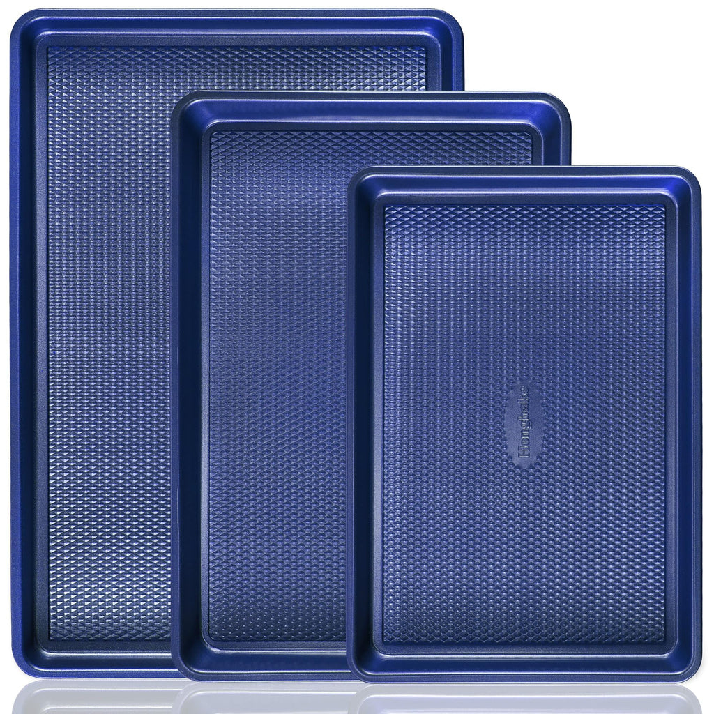 HONGBAKE Baking Sheet Pan Set, Cookie Sheets for Oven, Nonstick Half/Quarter/Jelly Roll Pans with Diamond Texture Pattern, Heavy Duty Cookie Tray, Dark Blue