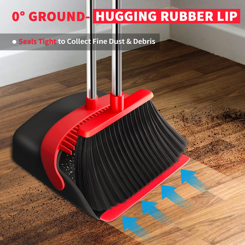 Broom with Dustpan Combo Set, Dust Pans with Long Handle for Upright Sweeping, Standing Broom and Dustpan Set with Self-Cleaning Teeth for Home, Kitchen & Office Floors(Red & Black)