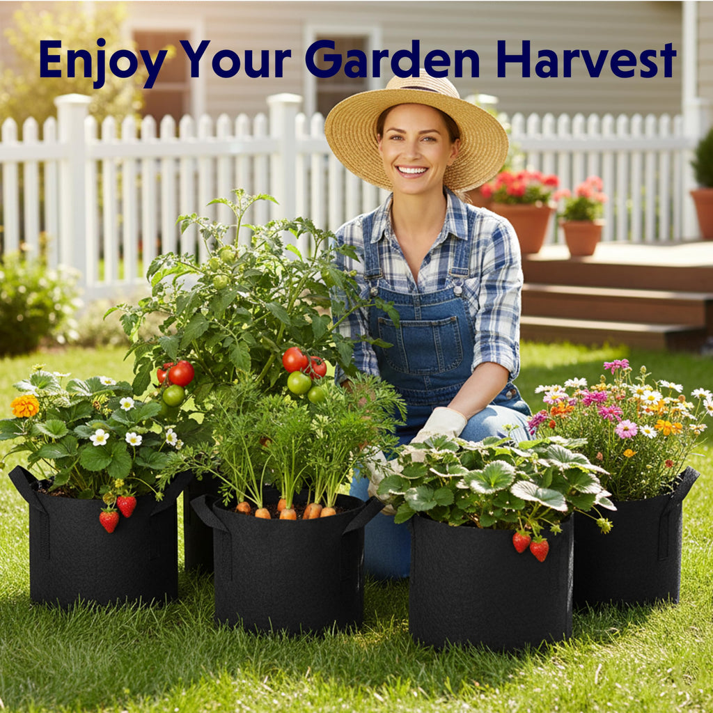 iPower 5-Pack 10 Gallon Plant Grow Bags Thickened Nonwoven Aeration Fabric Pots Heavy Duty Durable Container, Strap Handles for Garden, Black New