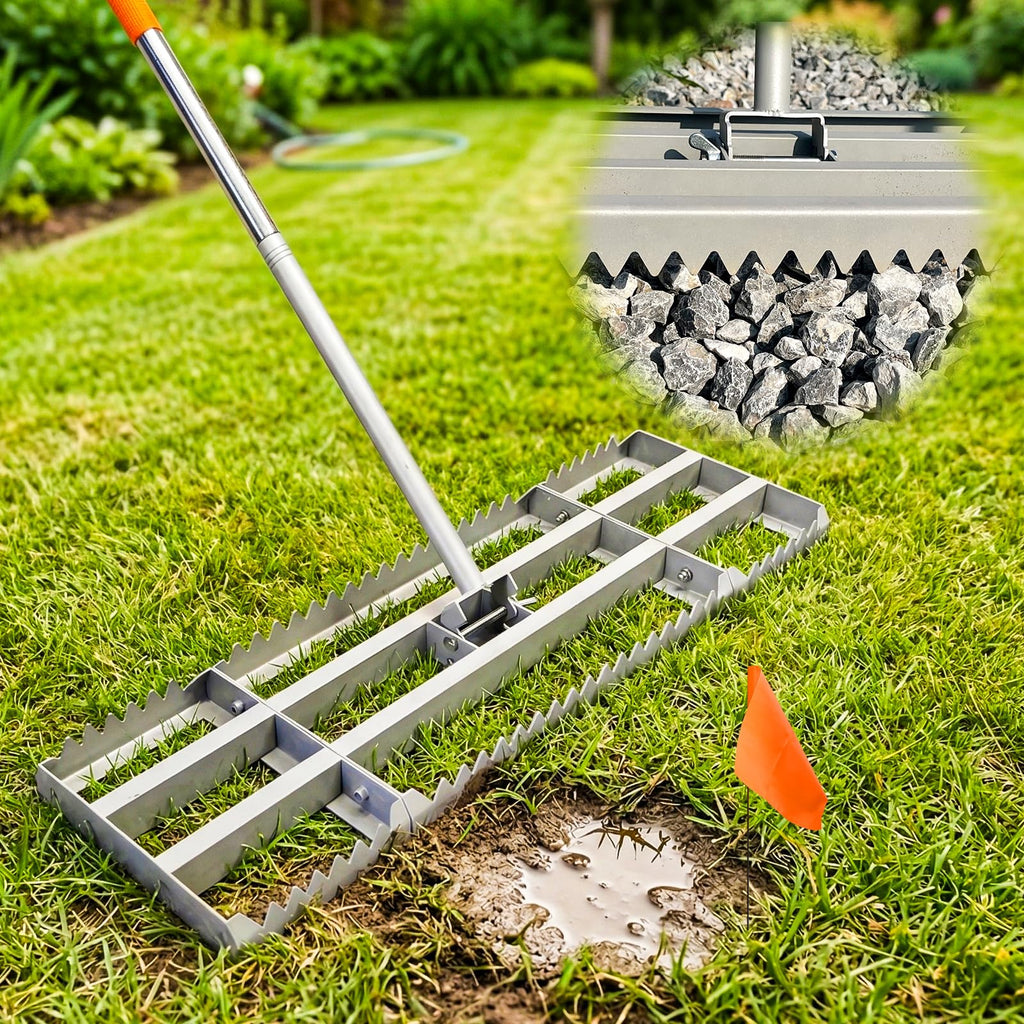 2-in-1 Lawn Leveling Rake, 20 Marking Flags for Low Spot,30"×10" Heavy Duty