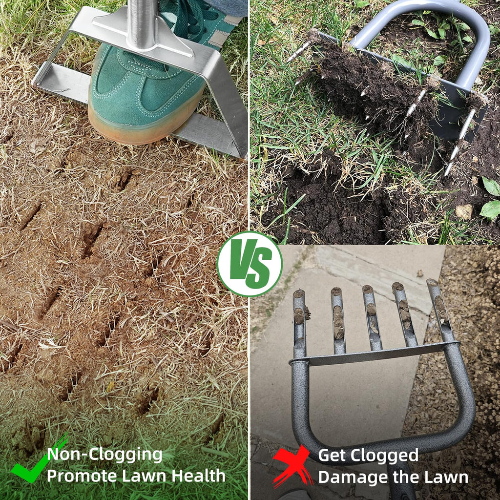 Leweio Manual Lawn Aerator Spike Tool, Semi-Assembled, Non-Clogging Spike Aerator with 4 Steel Spikes, Ergonomic Handle & Reinforced Welding for Yard Grass Aeration - Green
