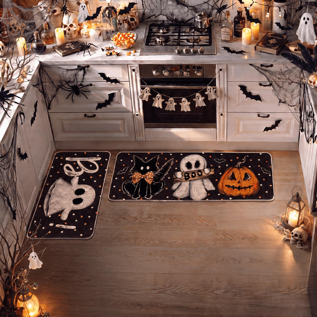 Artoid Mode Black Cats Boo Halloween Kitchen Mats Set of 2-17x29+17x47