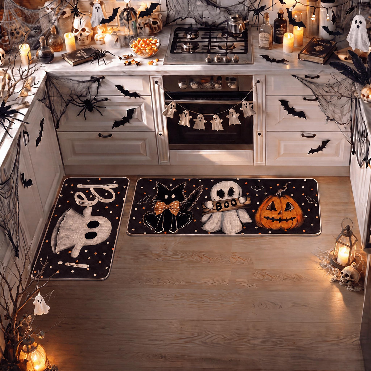 Artoid Mode Black Cats Boo Halloween Kitchen Mats Set of 2-17x29+17x47