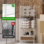 Towel Rack Free Standing 3-Tier M-Shaped Detachable Dividers, Durable Metal Holder, Pool Towel Rack, Space-Saving Towel Storage Organizer, Modern Bath Towel Shelf for Home, Poolside, White