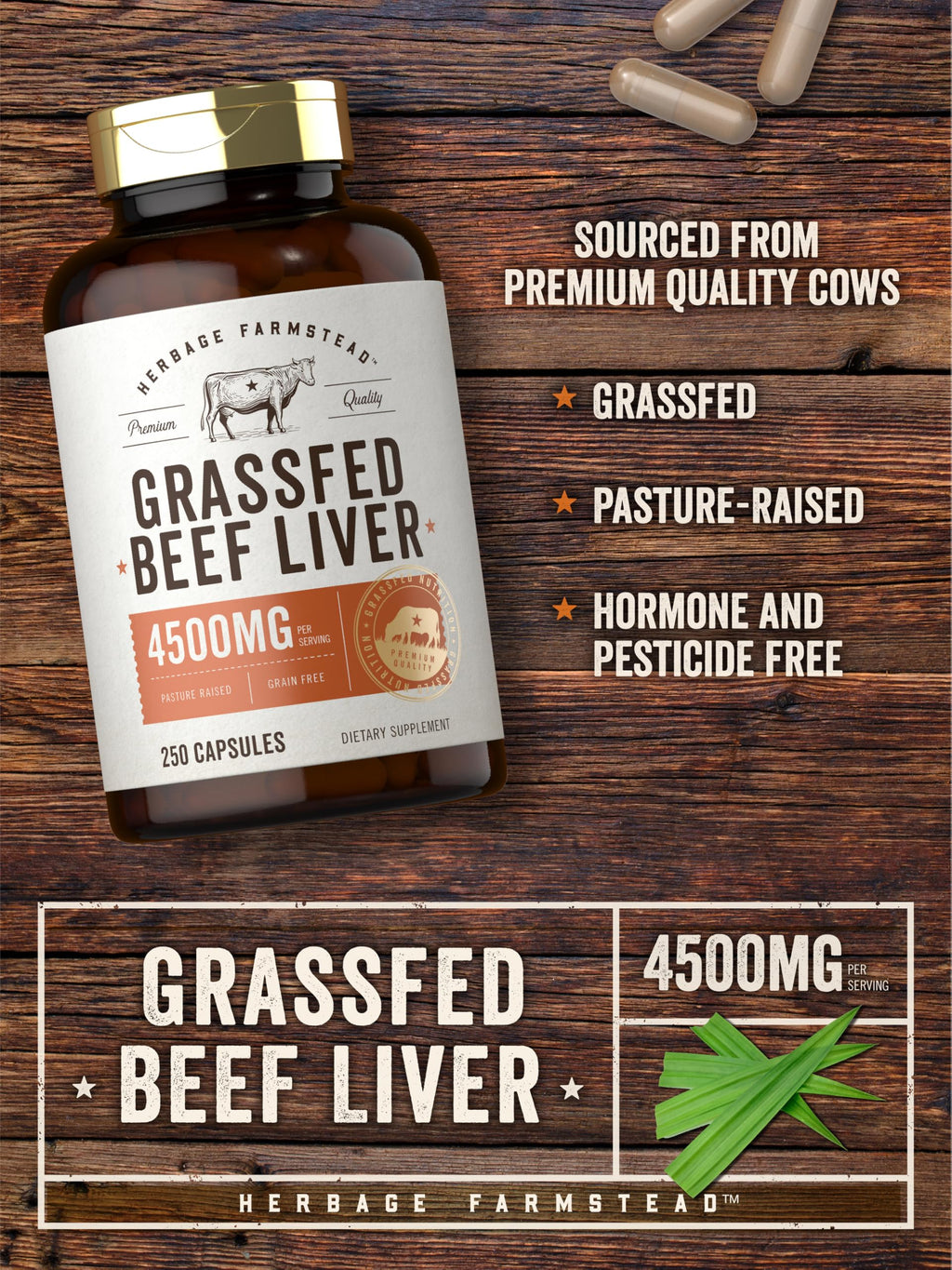 Carlyle Grass Fed Beef Liver Capsules | 4500mg | 250 Count | Desiccated Supplement | Non-GMO, Gluten Free | by Herbage Farmstead