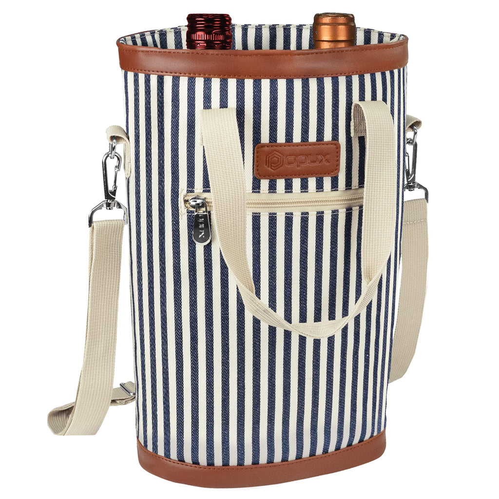 opux 2 Bottle Wine Bag Carrier Insulated Leakproof Wine Cooler Navy Stripes