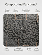 Server Book for Waitress Book with Zipper Pocket and Magnetic Closure, 5"×9" Grey Leopard Cute Server Wallet with Money Pocket, Restaurant Waitstaff Organizer Fit Server Apron
