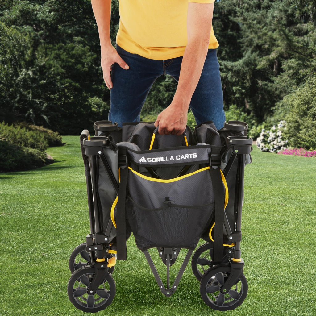 Gorilla Carts Collapsible Folding Outdoor Utility Wagon, 7 Cu Ft Oversized Bed, 150 lb Load Rating, Gray – Foldable Rolling Cart w/ Pockets & Cup Holders for Beach, Camping, Sports or Picnic