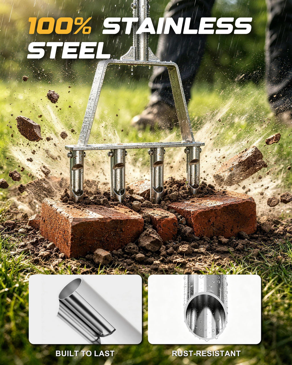 RETRUE Manual Core Aerator Lawn Tool, Stainless Steel, 4 Replaceable Tine