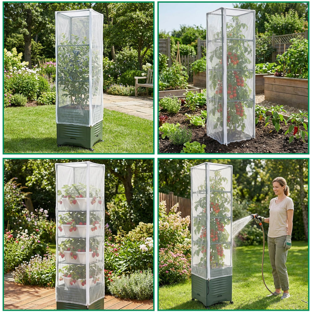 4 Pcs Garden Bird Netting Plant Cover for Square Tomato Cage, 59" x 17.7" Insect Bird Barrier Tomato Cage Net with Zipper & Drawstring, Tomato Trellis Netting Protection Cover for Protecting Plants
