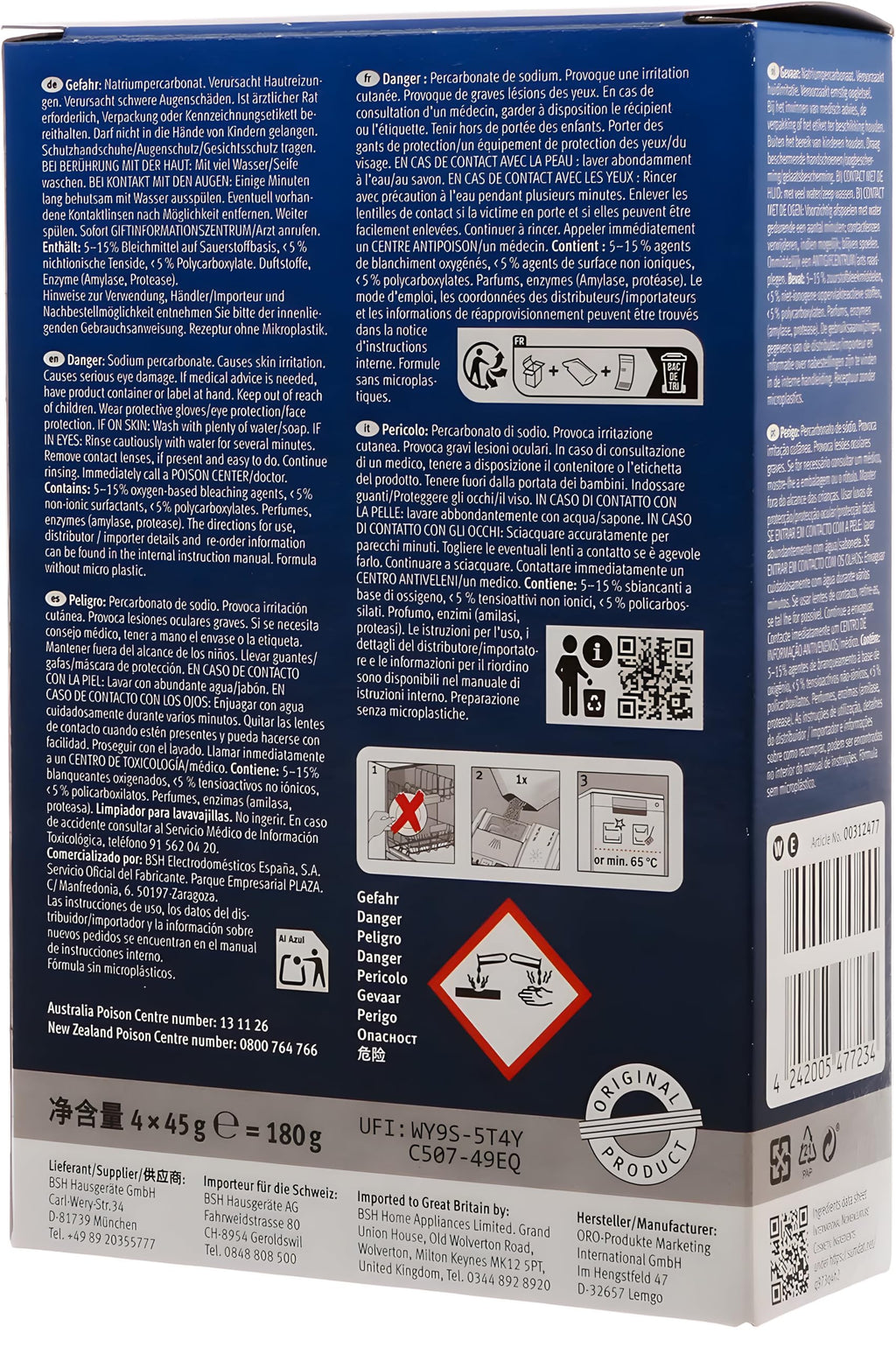 Bosch 312477 Dishwasher Cleaner – 1 Pack of 4 Bags (Total: 6.4 oz / 180g, Each 1.6 oz / 45g) – Removes Limescale & Grease | Improves Performance & Extends Appliance Life