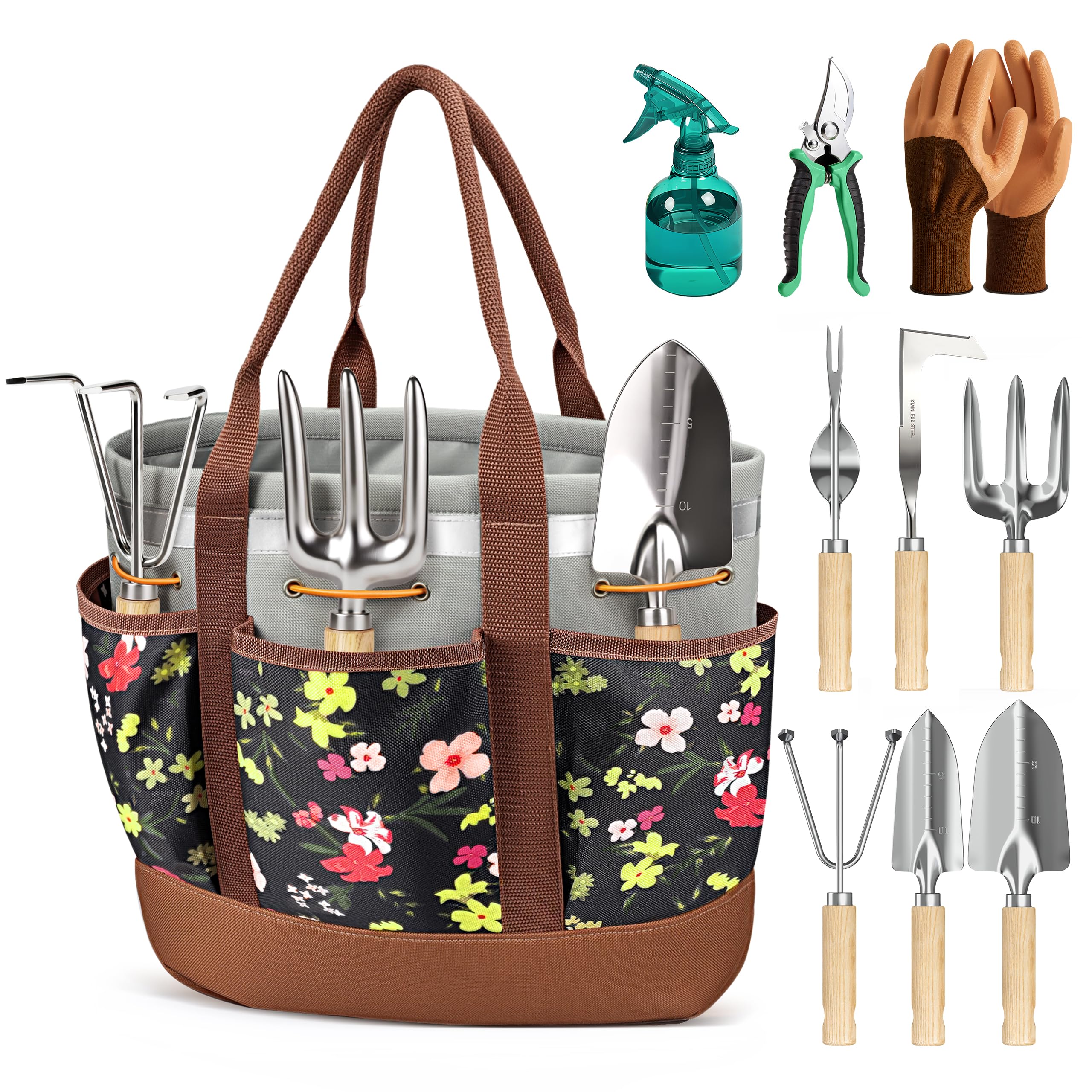 Floraxa 10Pcs Garden Tool Set, Rust-Proof Stainless Steel, Ash Wood Handles