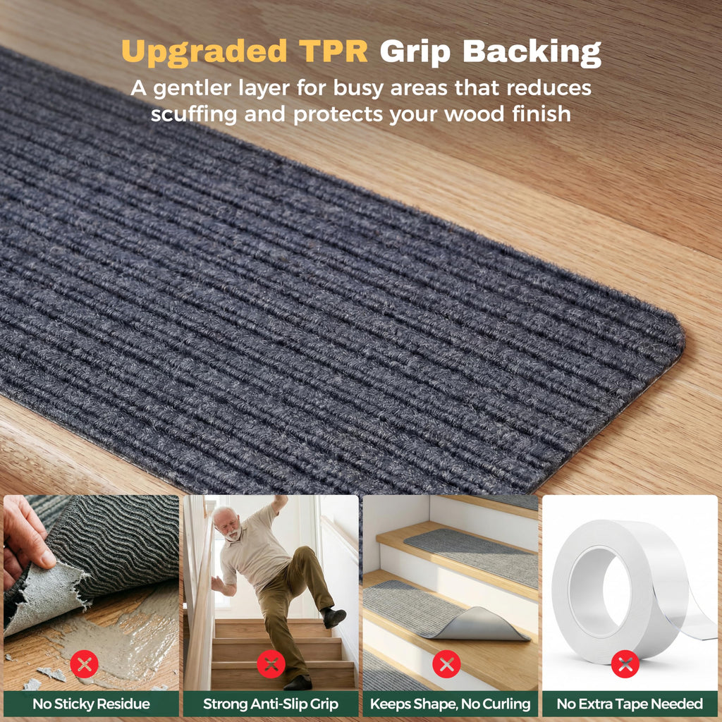 MBIGM 8" X 30" (15 in Pack) Non-Slip Carpet Stair Treads Non-Skid Safety Rug Slip Resistant Indoor Runner for Kids Elders & Pets with Reusable Adhesive - Gray - Carpet Pads for Stairs