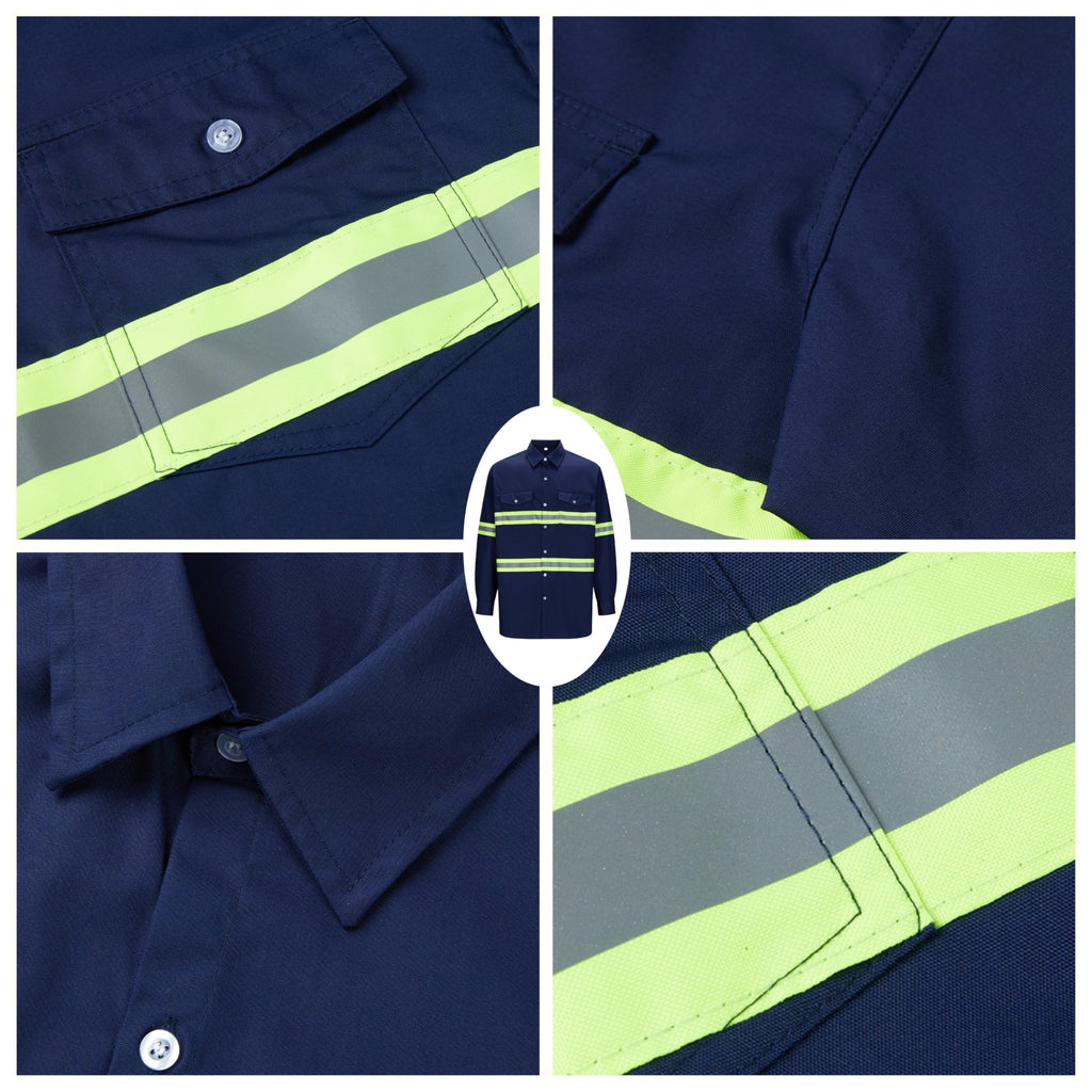 Ousafeve Class 3 Navy Hi Vis Button Up Safety Work Shirts for Men Reflective (X-Large, Navy_Long)