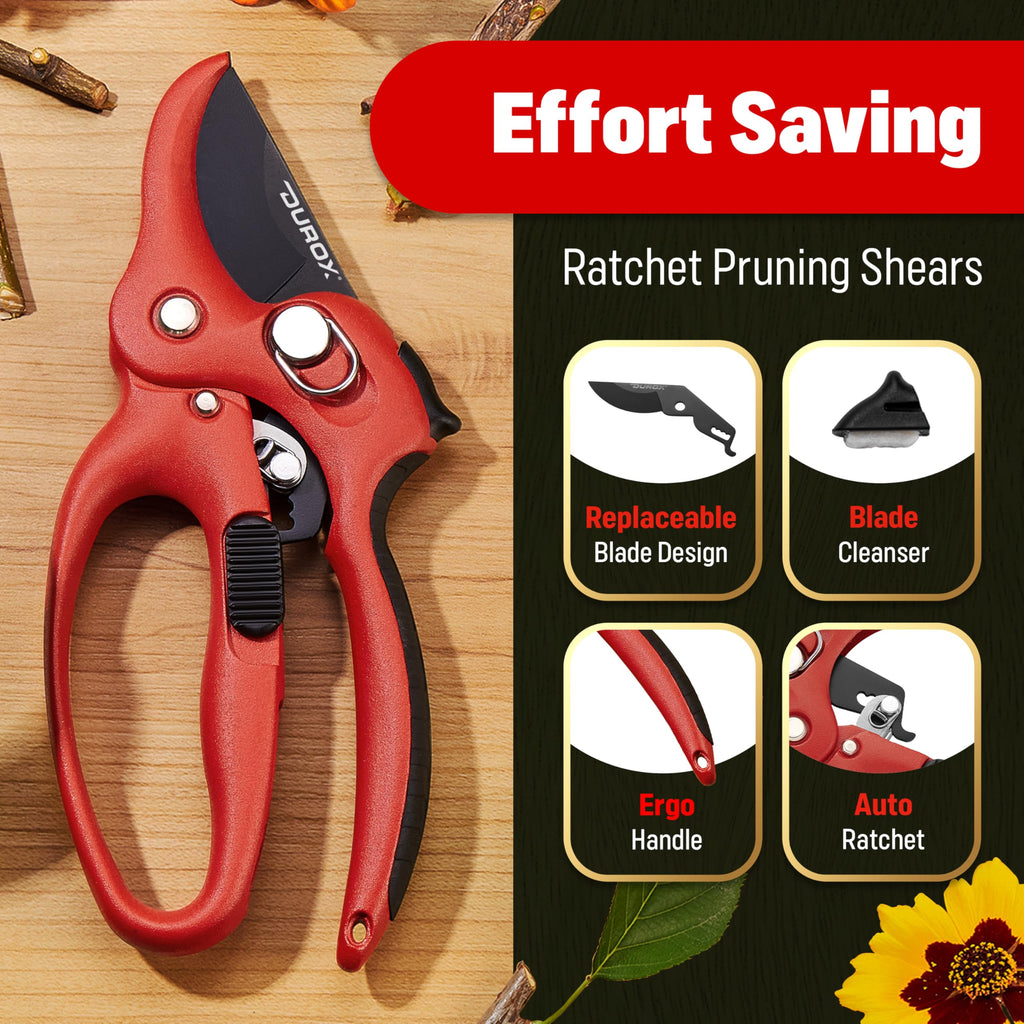 DUROX - Ratchet Pruning Shears, Garden Shears with 3X Cutting Power. Effort-Saving Heavy-Duty Anvil Pruners. Replaceable Blade Cutting Blade Design. Ideal Secateurs for Precise Trimming, Model DGR-01
