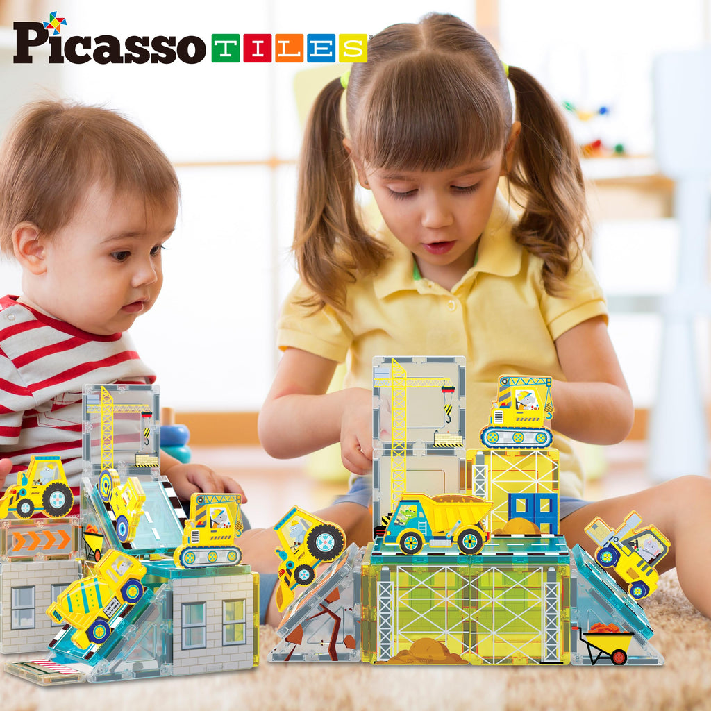 PicassoTiles Magnetic Tile Construction Set with 8 Vehicle Figures and 18 Printed Panels STEM Educational Building Kit for Kids Age 3 Plus Creative Play Learning Blocks Motor Skills Development PTQ21
