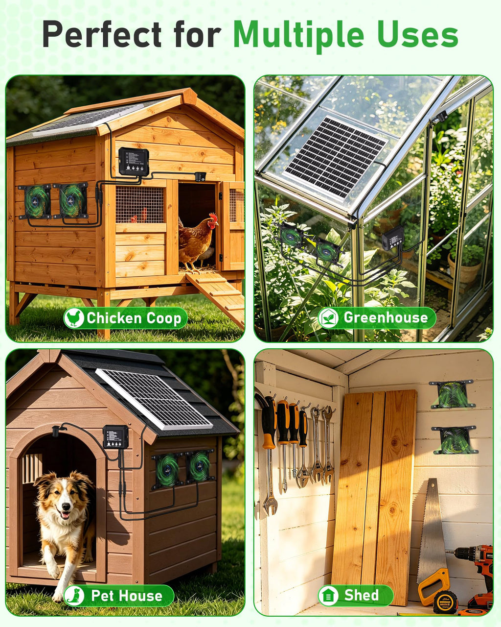 Solar Powered Fan for Chicken Coop, 25W Solar Panel, 2 * 4.7" Fans, 3 Smart Mode, Solar Exhaust Fan for Chicken Coop, Shed, Pet House