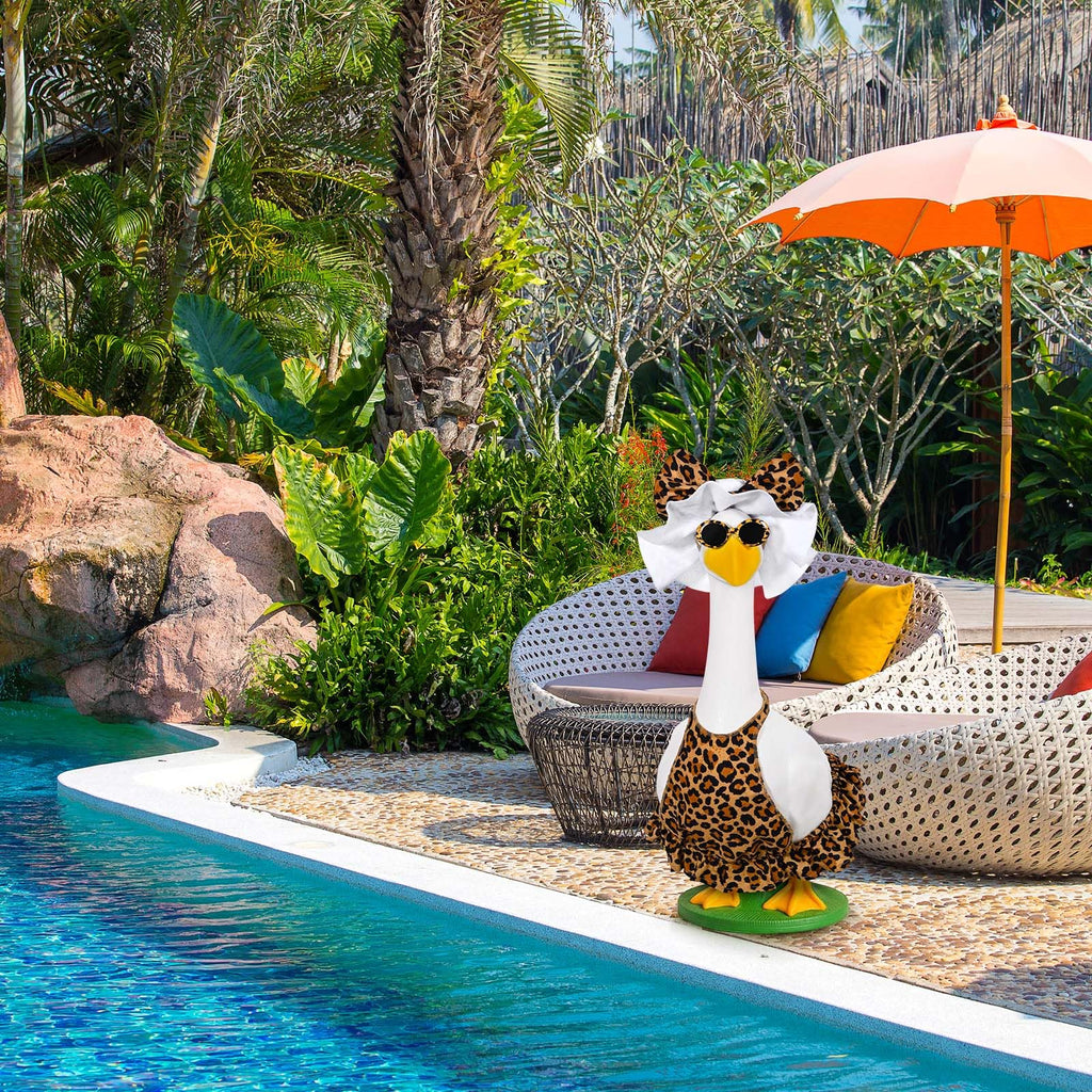 JcHrmers Summer Leopard Goose Outfit Hawaiian Porch Goose Outfits Bikini Lawn Goose Clothes Fits 23" Cement Plastic Goose Statue for Summer Outdoor Garden Yard Patio Art Decor