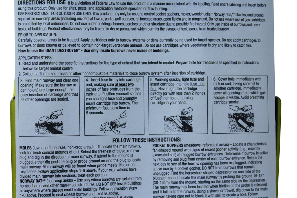 The Giant Destroyer (GAS KILLER) (12/4PK TOTAL) 48 kills Moles, Gophers, Woodchucks, Norway Rats, Skunks, Ground Squirrels in their Holes, Tunnels, Burrows. NO dealing w/ dead pest, better than traps