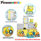PicassoTiles Magnetic Tile Construction Set with 8 Vehicle Figures and 18 Printed Panels STEM Educational Building Kit for Kids Age 3 Plus Creative Play Learning Blocks Motor Skills Development PTQ21