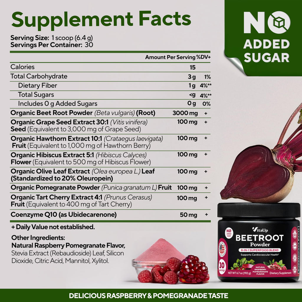VitaUp Beet Root Powder 8 in 1 – USA Made Beets Powder Supplements with Grape Seed, Hawthorn, Coq10 – with Organic Beetroot for Energy & Circulation Support – Non-GMO, Mixed Berry Flavor, 30 Serving