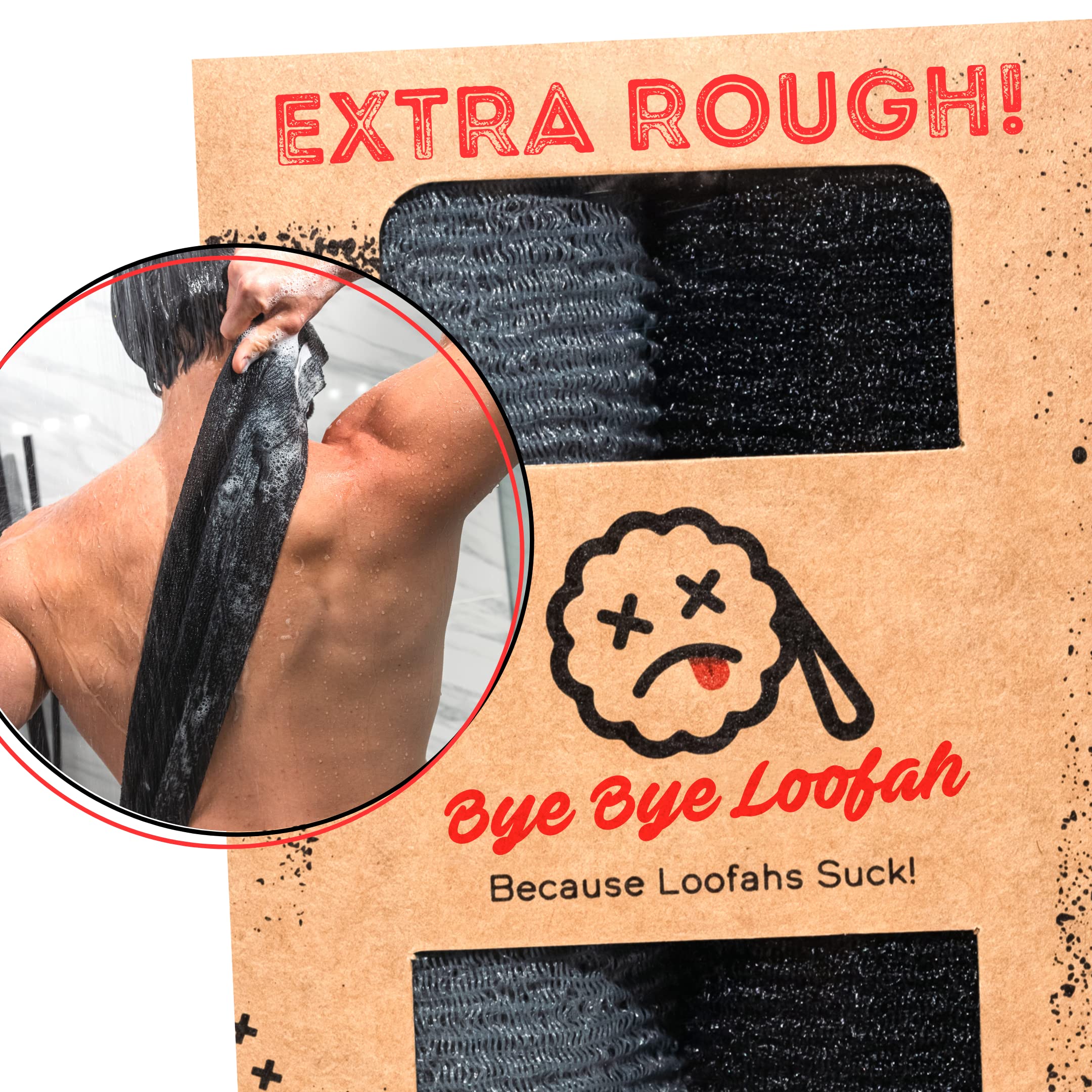 Extra Rough Exfoliating Washcloth - Extreme Body & Back Scrubber for Shower, Hygienic, Long 1 Black & 1 Grey, Men or Women, 2 Count Pack