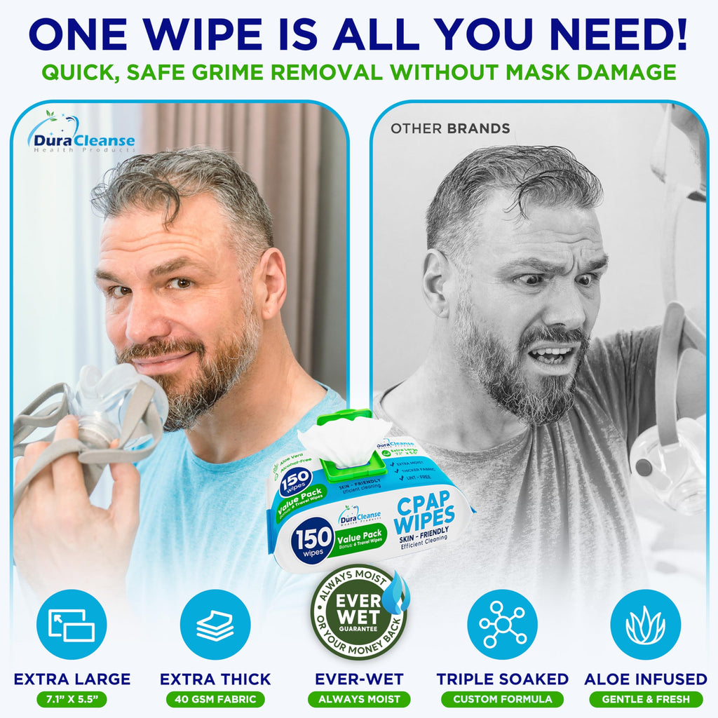 Dura Cleanse CPAP Mask Cleaning Wipes - 4 Pack, 4x150 Count + 24 Travel Sheets - Extra Large and Moist Cleaning Wipes for Full Face, Nasal Masks, CPAP Machines & Supplies - Skin Safe with Aloe Vera